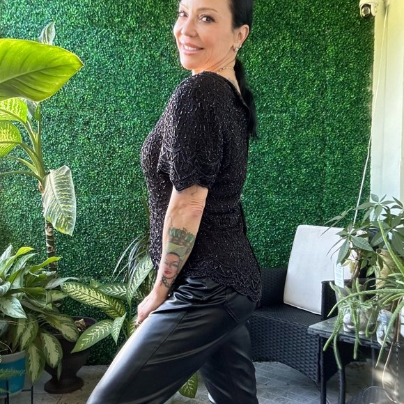 1980s Cote d'Azur Evening Black Sequined Beaded Fringe Top Handicraft Cropped - Picture 2 of 6